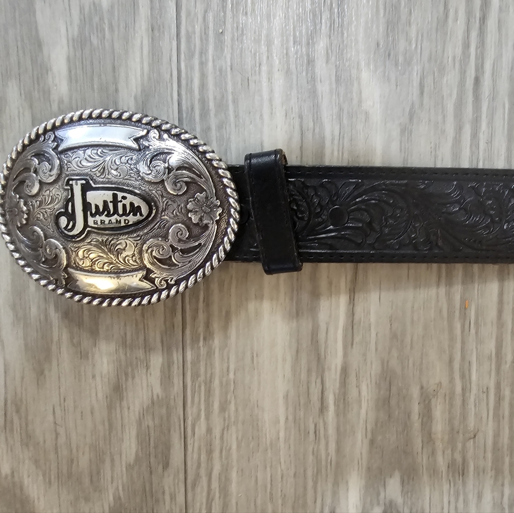 Justin's | Black Tooled Leather with Justin Logo Buckle Belt